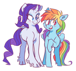 Size: 596x561 | Tagged: source needed, safe, artist:xenon, character:rainbow dash, character:rarity, species:classical unicorn, species:pegasus, species:pony, species:unicorn, ship:raridash, blushing, cheek fluff, cloven hooves, curved horn, duo, female, leonine tail, lesbian, looking away, mare, open mouth, raised hoof, shipping, simple background, smiling, unshorn fetlocks, white background