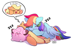 Size: 1093x705 | Tagged: safe, artist:dusty-munji, character:applejack, character:rainbow dash, species:earth pony, species:pegasus, species:pony, adorable distress, blushing, butt pillow, chibi, clefairy, crossover, cuddle puddle, cuddling, cute, dashabetes, female, hangul, jackabetes, korean, pillow, pokémon, pony pile, pony pillow, prone, puffy cheeks, simple background, sleeping, snoring, trio, white background, z, zzz