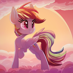 Size: 2000x2000 | Tagged: safe, artist:discorded, character:rainbow dash, species:pegasus, species:pony, cloud, cute, dashabetes, female, mare, raised hoof, sky, solo, sunset