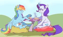 Size: 1244x730 | Tagged: source needed, safe, artist:xenon, character:rainbow dash, character:rarity, species:classical unicorn, species:pegasus, species:pony, species:unicorn, ship:raridash, cloven hooves, curved horn, cute, dashabetes, date, dinner table, duo, female, food, fork, glowing horn, hay, leonine tail, lesbian, magic, mare, mushroom, pancakes, pillow, raribetes, shipping, sitting, telekinesis, unshorn fetlocks
