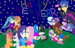 Size: 1112x718 | Tagged: safe, artist:bigpurplemuppet99, character:button mash, character:dj pon-3, character:flash sentry, character:fluttershy, character:octavia melody, character:rarity, character:rumble, character:scootaloo, character:sonata dusk, character:starlight glimmer, character:sunset shimmer, character:sweetie belle, character:trixie, character:twilight sparkle, character:twilight sparkle (scitwi), character:vinyl scratch, species:eqg human, species:pegasus, species:pony, ship:flashlight, ship:rarishy, ship:rumbloo, ship:scratchtavia, ship:startrix, g4, my little pony: equestria girls, my little pony:equestria girls, female, happy new year 2018, hug, kissing, lesbian, male, new year, sciflash, shipping, straight, sunata, sweetiemash