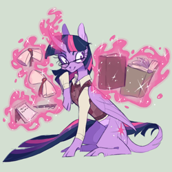 Size: 1050x1050 | Tagged: safe, artist:xenon, character:twilight sparkle, character:twilight sparkle (alicorn), species:alicorn, species:classical unicorn, species:pony, adorkable, book, clothing, cloven hooves, curved horn, cute, dork, female, glasses, glowing horn, green background, leonine tail, magic, mare, reading, simple background, smiling, solo, telekinesis, twiabetes, unshorn fetlocks