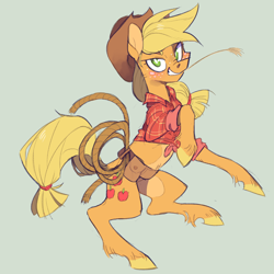 Size: 1050x1050 | Tagged: safe, artist:xenon, character:applejack, species:earth pony, species:pony, clothing, cowboy hat, female, green background, hat, hay, lasso, mare, pale belly, plaid shirt, rope, simple background, solo, stetson, straw in mouth, toolbelt, unshorn fetlocks