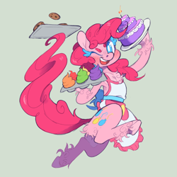 Size: 1050x1050 | Tagged: safe, artist:xenon, character:pinkie pie, species:earth pony, species:pony, apron, cake, chest fluff, clothing, cute, diapinkes, female, food, green background, hoof hold, mare, one eye closed, simple background, smiling, solo, unshorn fetlocks, wink