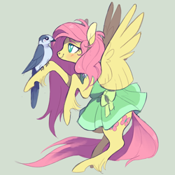 Size: 1050x1050 | Tagged: safe, artist:xenon, character:fluttershy, species:bird, species:pegasus, species:pony, clothing, dress, female, green background, mare, simple background, solo, unshorn fetlocks