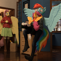 Size: 1500x1500 | Tagged: safe, artist:tahublade7, character:fluttershy, character:rainbow dash, character:scootaloo, species:anthro, species:pegasus, species:plantigrade anthro, species:pony, 3d, boots, clothing, cute, daz studio, female, filly, glomp, indoors, mare, pants, scootalove, shoes, size difference, skirt, wings