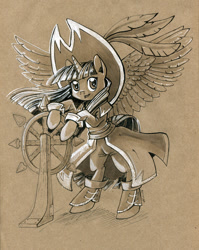 Size: 700x881 | Tagged: safe, artist:maytee, character:twilight sparkle, character:twilight sparkle (alicorn), species:alicorn, species:pony, captain twilight, clothing, colored pencil drawing, female, looking at you, mare, marker drawing, monochrome, pirate, pirate twilight, sepia, solo, traditional art