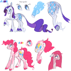 Size: 2320x2312 | Tagged: safe, artist:xenon, character:pinkamena diane pie, character:pinkie pie, character:rarity, species:classical unicorn, species:earth pony, species:pony, species:unicorn, alternate cutie mark, alternate design, chest fluff, cloven hooves, coat markings, extra fluffy, female, leonine tail, magic, magic aura, mare, redesign, reference sheet, simple background, underhoof, unshorn fetlocks, white background
