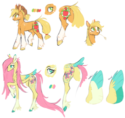 Size: 2574x2442 | Tagged: safe, artist:xenon, character:applejack, character:fluttershy, species:earth pony, species:pegasus, species:pony, alternate design, coat markings, colored hooves, colored wings, colored wingtips, duo, female, mare, redesign, reference sheet, scar, simple background, socks (coat marking), straw in mouth, tail feathers, underhoof, unshorn fetlocks, white background