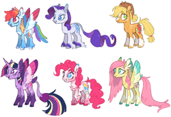 Size: 1474x1006 | Tagged: safe, artist:xenon, character:applejack, character:fluttershy, character:pinkie pie, character:rainbow dash, character:rarity, character:twilight sparkle, character:twilight sparkle (alicorn), species:alicorn, species:classical unicorn, species:earth pony, species:pegasus, species:pony, species:unicorn, alternate cutie mark, alternate design, chest fluff, cloven hooves, coat markings, colored hooves, colored wings, colored wingtips, extra fluffy, female, leonine tail, mane six, mare, redesign, simple background, socks (coat marking), tail feathers, unshorn fetlocks, white background