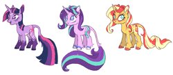 Size: 1481x640 | Tagged: safe, artist:xenon, character:starlight glimmer, character:sunset shimmer, character:twilight sparkle, species:classical unicorn, species:pony, species:unicorn, alternate cutie mark, alternate design, alternate hairstyle, cloven hooves, coat markings, colored hooves, extended cutie mark, female, leonine tail, mare, redesign, simple background, unshorn fetlocks, white background