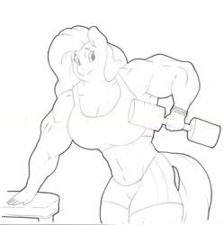 Size: 1280x1283 | Tagged: safe, artist:zacharyisaacs, character:fluttershy, species:anthro, species:pegasus, species:pony, abs, armpits, bangles, biceps, breasts, busty fluttershy, clothing, deltoids, dumbbell (object), female, gym uniform, jewelry, mare, monochrome, muscles, muscleshy, simple background, solo, sweat, sweatdrop, swole, table, thunder thighs, tumblr comic, white background