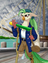Size: 720x937 | Tagged: safe, artist:texasuberalles, character:captain celaeno, species:anthro, my little pony: the movie (2017), amputee, backstory for captain celaeno's leg, bandage, barrett's privateers, crutches, duffle bag, female, filk, injured, lyrics in the description, missing limb, pea coat, peg leg, prosthetic leg, prosthetic limb, prosthetics, ship, solo, stan rogers, story in the source, stump