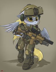 Size: 2158x2788 | Tagged: safe, artist:orang111, character:derpy hooves, species:anthro, species:pegasus, species:pony, species:unguligrade anthro, armor, assault rifle, boots, boots on hooves, clothing, detailed, exosuit, female, grenade launcher, gun, headset, helmet, high res, hud, mare, operator, powered exoskeleton, railgun, rifle, shoes, solo, trigger discipline, visor, weapon, wings