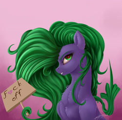 Size: 3050x3000 | Tagged: safe, artist:skitsroom, character:mane-iac, species:pony, chest fluff, female, mare, middle finger, missing accessory, prehensile mane, sign, solo, vulgar