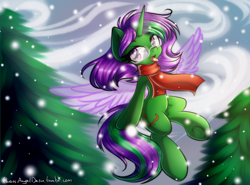 Size: 2300x1700 | Tagged: safe, artist:chaosangeldesu, oc, oc only, oc:buggy code, species:pony, species:unicorn, artificial wings, augmented, clothing, female, flying, glasses, glowing horn, magic, magic wings, mare, open mouth, scarf, snow, solo, tongue out, tree, wings, winter