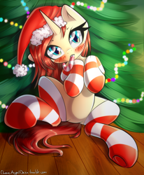 Size: 2000x2432 | Tagged: safe, artist:chaosangeldesu, oc, oc only, oc:nazzy, species:pony, species:unicorn, blushing, candy, candy cane, christmas, christmas lights, christmas tree, clothing, female, food, hat, holiday, looking at you, mare, santa hat, socks, solo, striped socks, tree
