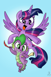 Size: 800x1214 | Tagged: safe, artist:emositecc, character:spike, character:twilight sparkle, character:twilight sparkle (alicorn), species:alicorn, species:dragon, species:pony, flying, horn, scroll, simple background, wings