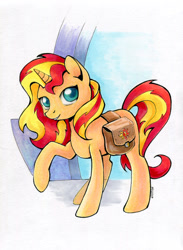 Size: 650x886 | Tagged: safe, artist:maytee, character:sunset shimmer, species:pony, species:unicorn, copic, cute, female, looking at you, mare, raised hoof, saddle bag, shimmerbetes, solo, traditional art