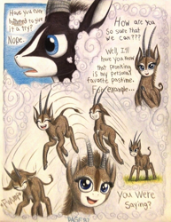 Size: 1052x1360 | Tagged: safe, artist:thefriendlyelephant, oc, oc only, oc:sabe, oc:uganda, comic:sable story, animal in mlp form, antelope, cloven hooves, comic, giant sable antelope, horns, memories, pronking, smiling, speed lines, thinking, thought bubble, traditional art