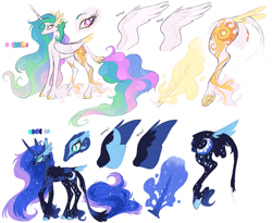 Size: 3627x2975 | Tagged: safe, artist:xenon, character:princess celestia, character:princess luna, species:alicorn, species:classical unicorn, species:pony, alternate cutie mark, alternate design, cloven hooves, coat markings, colored hooves, ethereal mane, female, galaxy mane, glowing horn, leonine tail, magic, mare, redesign, royal sisters, simple background, underhoof, unshorn fetlocks, white background