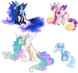Size: 1564x1478 | Tagged: safe, artist:xenon, character:princess cadance, character:princess celestia, character:princess luna, character:trixie, species:alicorn, species:classical unicorn, species:pony, species:unicorn, alternate cutie mark, alternate design, cloven hooves, coat markings, colored hooves, ethereal mane, feathered fetlocks, female, galaxy mane, leonine tail, mare, redesign, royal sisters, simple background, socks (coat marking), unshorn fetlocks, white background
