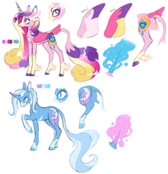 Size: 2504x2593 | Tagged: safe, artist:xenon, character:princess cadance, character:trixie, species:alicorn, species:classical unicorn, species:pony, species:unicorn, alternate cutie mark, alternate design, cloven hooves, coat markings, duo, feathered fetlocks, female, leonine tail, mare, redesign, simple background, smiling, socks (coat marking), tail feathers, underhoof, unshorn fetlocks, white background