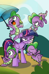 Size: 800x1214 | Tagged: safe, artist:emositecc, character:spike, character:twilight sparkle, character:twilight sparkle (alicorn), species:alicorn, species:dragon, species:pony, annoyed, female, male, mare, multeity, pit of spikes, umbrella