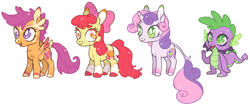 Size: 1033x438 | Tagged: safe, artist:xenon, character:apple bloom, character:scootaloo, character:spike, character:sweetie belle, species:classical unicorn, species:dragon, species:earth pony, species:pegasus, species:pony, species:unicorn, alternate cutie mark, alternate design, bearded dragon, chest fluff, cloven hooves, coat markings, colored hooves, colored wings, cutie mark, cutie mark crusaders, extra fluffy, female, filly, frills, leonine tail, male, redesign, simple background, socks (coat marking), tail feathers, the cmc's cutie marks, unshorn fetlocks, white background