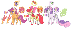 Size: 2498x1030 | Tagged: safe, artist:xenon, character:apple bloom, character:scootaloo, character:sweetie belle, species:classical unicorn, species:earth pony, species:pegasus, species:pony, species:unicorn, alternate cutie mark, alternate design, chest fluff, cloven hooves, coat markings, colored hooves, colored wings, colored wingtips, cutie mark, cutie mark crusaders, extra fluffy, female, filly, glowing horn, leonine tail, magic, redesign, simple background, socks (coat marking), tail feathers, the cmc's cutie marks, unshorn fetlocks, white background