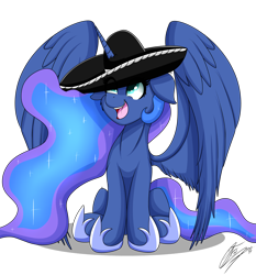 Size: 3214x3450 | Tagged: safe, artist:nexcoyotlgt, character:princess luna, species:alicorn, species:pony, big wings, cute, female, happy, horn impalement, looking up, mare, mariachi hat, simple background, smiling, solo, spread wings, transparent background, wings