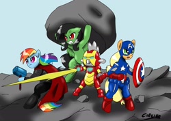 Size: 1754x1240 | Tagged: safe, artist:ciriliko, character:applejack, character:fluttershy, character:rainbow dash, character:spike, avengers, captain america, crossover, flutterhulk, hilarious in hindsight, iron man, the incredible hulk, thor