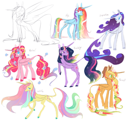 Size: 2000x1904 | Tagged: safe, artist:xenon, character:applejack, character:fluttershy, character:pinkie pie, character:rainbow dash, character:rarity, character:twilight sparkle, character:twilight sparkle (alicorn), species:alicorn, species:pony, alicorn six, alicornified, applecorn, clothing, cloven hooves, colored hooves, cowboy hat, curved horn, ethereal mane, female, flower, flower in hair, fluttercorn, galaxy mane, good end, harvest goddess, hat, leonine tail, mane six, mane six alicorns, mare, pinkiecorn, race swap, rainbowcorn, raised hoof, raricorn, simple background, smiling, ultimate twilight, white background, xk-class end-of-the-world scenario