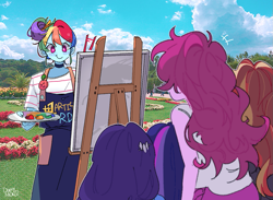 Size: 1197x874 | Tagged: safe, artist:dusty-munji, character:pinkie pie, character:rainbow dash, character:rarity, character:sunset shimmer, character:twilight sparkle, my little pony:equestria girls, alternate hairstyle, apron, blushing, canvas, clothing, cloud, flower, garden, multicolored hair, painting, palette, sky, smiling