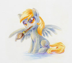 Size: 684x599 | Tagged: safe, artist:maytee, character:derpy hooves, species:pegasus, species:pony, female, mouth hold, paintbrush, solo, spread wings, traditional art, underp, wings