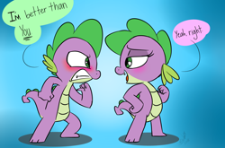 Size: 1214x800 | Tagged: safe, artist:emositecc, character:barb, character:spike, species:dragon, barbabetes, blue background, blushing, cute, dialogue, female, gritted teeth, looking at each other, male, r63 paradox, rule 63, rule63betes, self dragondox, self paradox, simple background, smiling