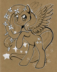 Size: 600x752 | Tagged: safe, artist:maytee, character:fluttershy, species:pegasus, species:pony, butterfly, colored pencil drawing, female, flower, flower in hair, looking at you, mare, marker drawing, monochrome, rearing, sepia, smiling, solo, spread wings, traditional art, wings