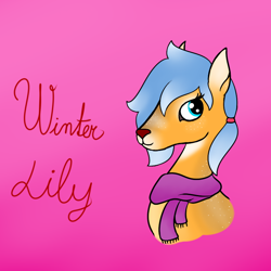 Size: 800x800 | Tagged: safe, artist:dyonys, oc, oc only, oc:winter lily, species:deer, bust, clothing, scarf, simple background, sketch, smiling, text