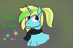 Size: 1200x800 | Tagged: safe, artist:dyonys, oc, oc only, oc:freak accident, species:pony, species:unicorn, bust, clothing, cutie mark, male, scarf, simple background, sketch, smiling, stallion, text