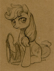 Size: 600x793 | Tagged: safe, artist:maytee, character:applejack, species:earth pony, species:pony, female, lasso, mare, missing accessory, monochrome, pencil drawing, rope, simple background, sitting, sketch, solo, traditional art