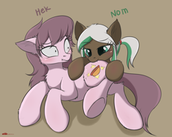 Size: 2790x2227 | Tagged: safe, artist:orang111, oc, oc only, oc:hot dogger, oc:lynn, species:pony, biting, blushing, butt bite, cute, duo, female, heck, mare, nom, ocbetes, simple background, surprised