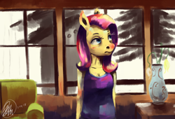 Size: 1670x1137 | Tagged: safe, artist:toisanemoif, character:fluttershy, species:anthro, breasts, cleavage, clothing, female, indoors, looking away, looking up, room, solo, tank top, three quarter view, vase, window
