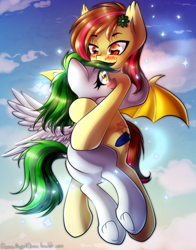 Size: 2000x2545 | Tagged: safe, artist:chaosangeldesu, oc, oc only, oc:mel, oc:sorunome, species:bat pony, species:pegasus, species:pony, bat pony oc, bat wings, blushing, cloud, colored pupils, colored wings, digital art, dock, duo, ear fluff, female, flower, flower in hair, flying, frog (hoof), happy, hug, male, mare, multicolored hair, oc x oc, plot, shipping, signature, sky, smiling, sparkles, spread wings, stallion, straight, underhoof, windswept mane, wing claws, wings
