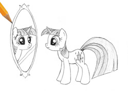 Size: 800x572 | Tagged: safe, artist:sirzi, character:twilight sparkle, fourth wall, frown, mirror, monochrome, pencil, pencil drawing, reflection, sketch, traditional art