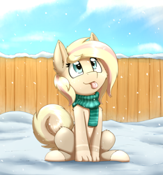 Size: 2422x2587 | Tagged: safe, artist:otakuap, oc, oc only, clothing, commission, hooves, looking up, original species, paws, scarf, sitting, snow, solo, tongue out, ych result