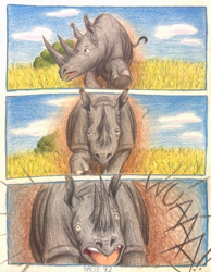 Size: 1068x1376 | Tagged: safe, artist:thefriendlyelephant, oc, oc only, oc:grumpy the rhino, comic:sable story, africa, barely pony related, black rhinoceros, bush, cloud, comic, dust, grass, horns, question mark, rhinoceros, running, savanna, this will end in pain, traditional art
