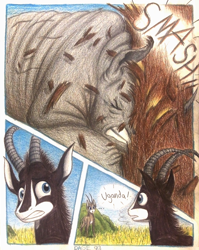 Size: 1068x1344 | Tagged: safe, artist:thefriendlyelephant, oc, oc only, oc:grumpy the rhino, oc:sabe, oc:uganda, comic:sable story, acacia tree, africa, animal in mlp form, antelope, bark, black rhinoceros, bush, collision, comic, giant sable antelope, grass, horns, impact, rhinoceros, savanna, scar, smashing, traditional art, wince, wood, woodchips