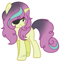 Size: 1024x1052 | Tagged: safe, artist:t-aroutachiikun, oc, oc only, oc:icing gale, parent:princess flurry heart, parent:pumpkin cake, parents:pumpkin heart, species:pony, species:unicorn, eyepatch, grin, looking at you, magical lesbian spawn, male, offspring, signature, simple background, smiling, solo, stallion, transparent background