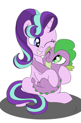 Size: 800x1214 | Tagged: safe, artist:emositecc, character:spike, character:starlight glimmer, species:dragon, species:pony, species:unicorn, ship:sparlight, cute, eyelashes, fangs, female, glimmerbetes, green eyes, grin, hair flip, horn, hug, male, mare, one eye closed, one eye open, shipping, simple background, smiling, spikabetes, spikelove, straight, transparent background