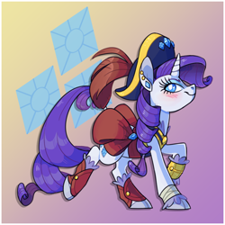 Size: 1200x1200 | Tagged: safe, artist:xenon, character:rarity, species:pony, species:unicorn, my little pony: the movie (2017), clothing, cloven hooves, cutie mark, cutie mark background, female, gradient background, hat, looking at you, mare, pirate, pirate hat, pirate rarity, solo, unshorn fetlocks